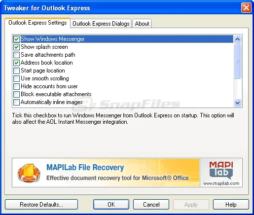 Tweaker for Outlook Express Скріншот 1