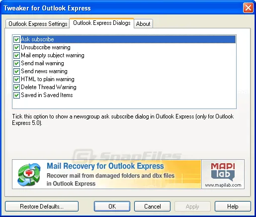 Tweaker for Outlook Express Скріншот 2