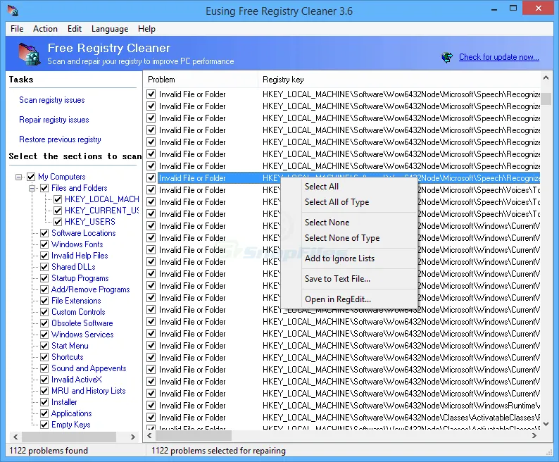 Eusing Free Registry Cleaner Скріншот 1