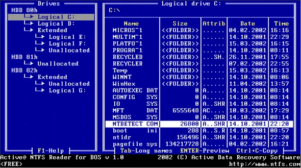 Active NTFS Reader for DOS Скріншот 1