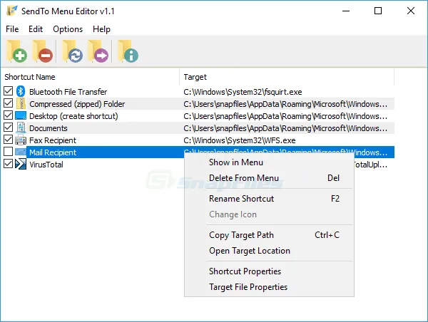 SendTo Menu Editor Скріншот 1